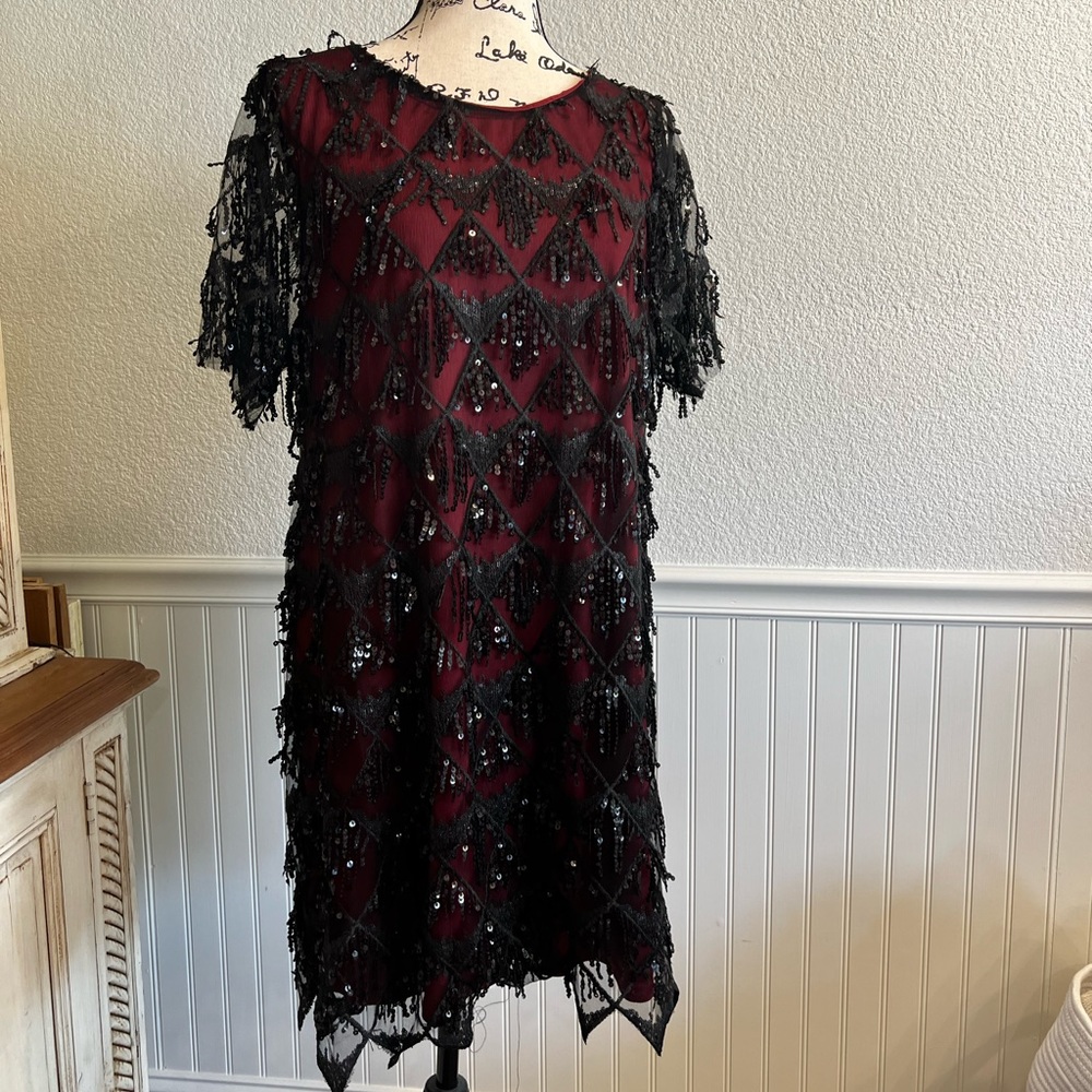 Women’s Black & Red Sequin Shift Dress - Size XL